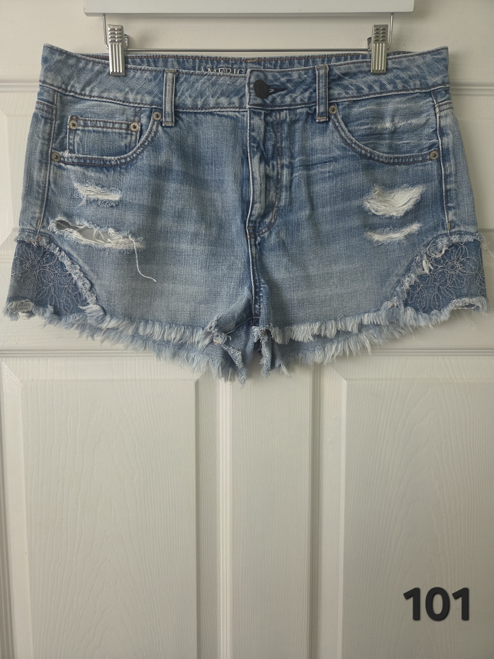 American Eagle Light Blue Distressed Denim Shorts with Lace Trim